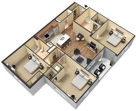 Floor plan for 3 beds, 2 baths, 1447 sqft
